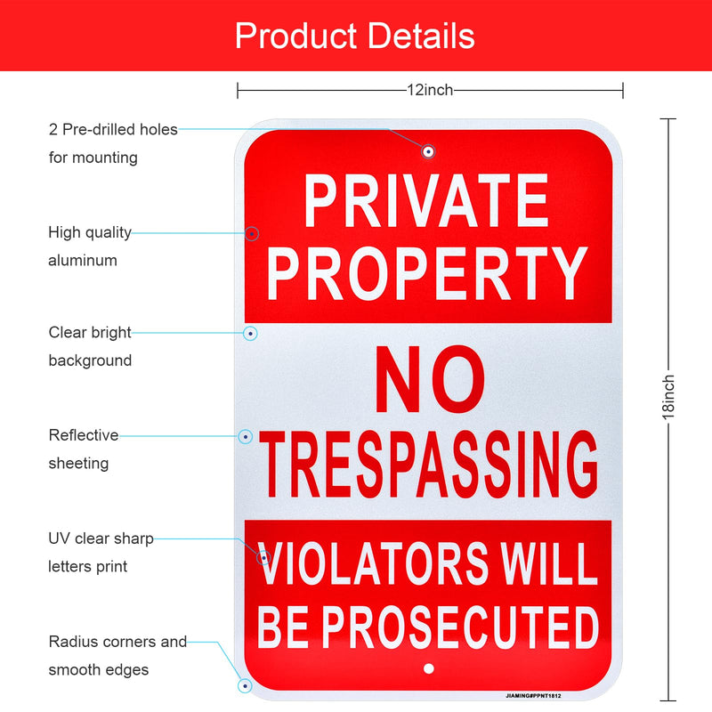 JIAMING 2 Pack Private Property No Trespassing Signs, 18x12 Inch Reflective Rustproof Aluminum, Violators Will Be Prosecuted Metal Sign, UV Protected Weatherproof Easy Mount for Home Yard Farm.