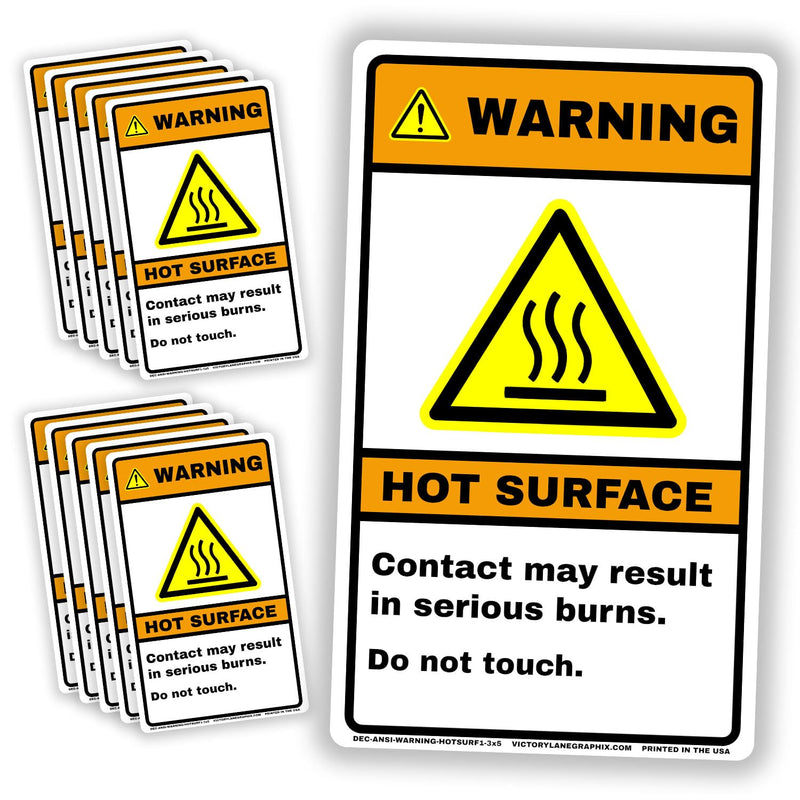 WARNING Hot Surface Safety Labels – ANSI Z535 Industrial Safety Signage, 3x5 Inch Waterproof Vinyl Hazard Decals, High-Temperature Equipment Warning, 10 Pack