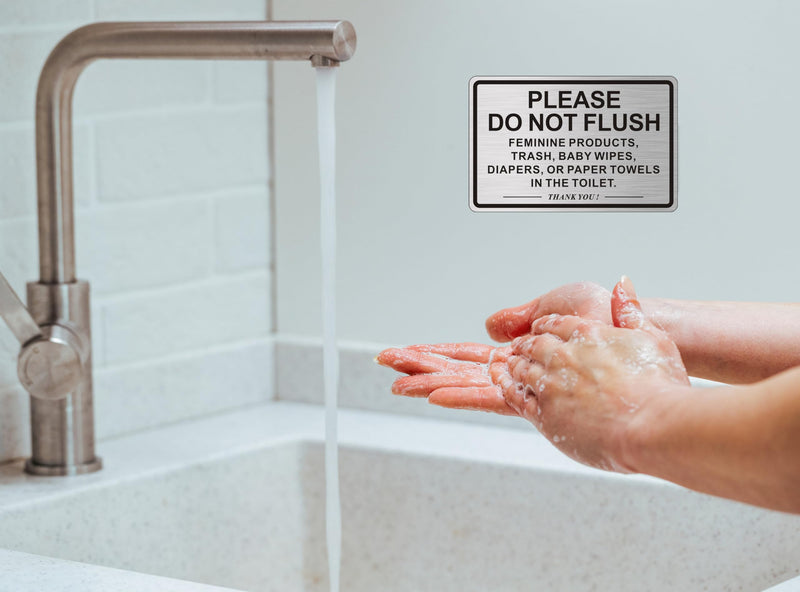 [Australia - AusPower] - (2 PACK) Do Not Flush Sign for Bathroom, Self-adhesive Do Not Flush Anything Except Toilet Paper Sign, Aluminum Metal Signs for Business and Home (Brushed Aluminum/Black, 9 x 6 inches) Brushed Aluminum /Black 