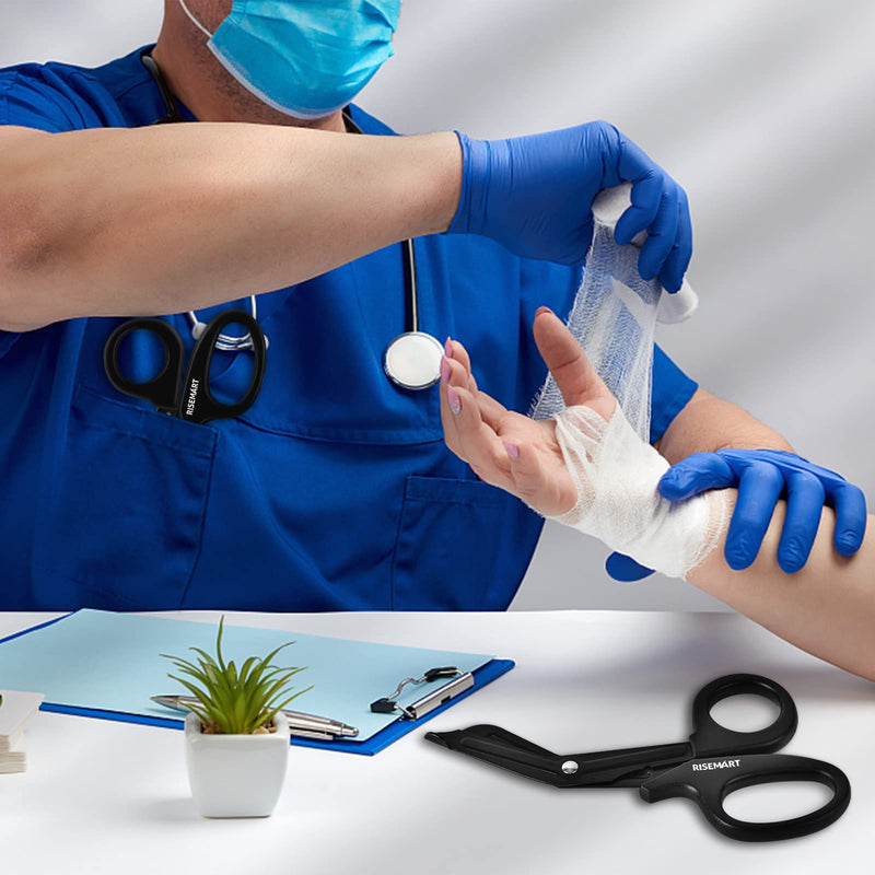 [Australia - AusPower] - Trauma Shears - RISEMART Bandage Scissors for Nurses, 7.5" Fluoride Coated Non-stick Blades Stainless Steel Nursing scissors for Doctor, Nurses, Nursing Students,EMS Black+black 