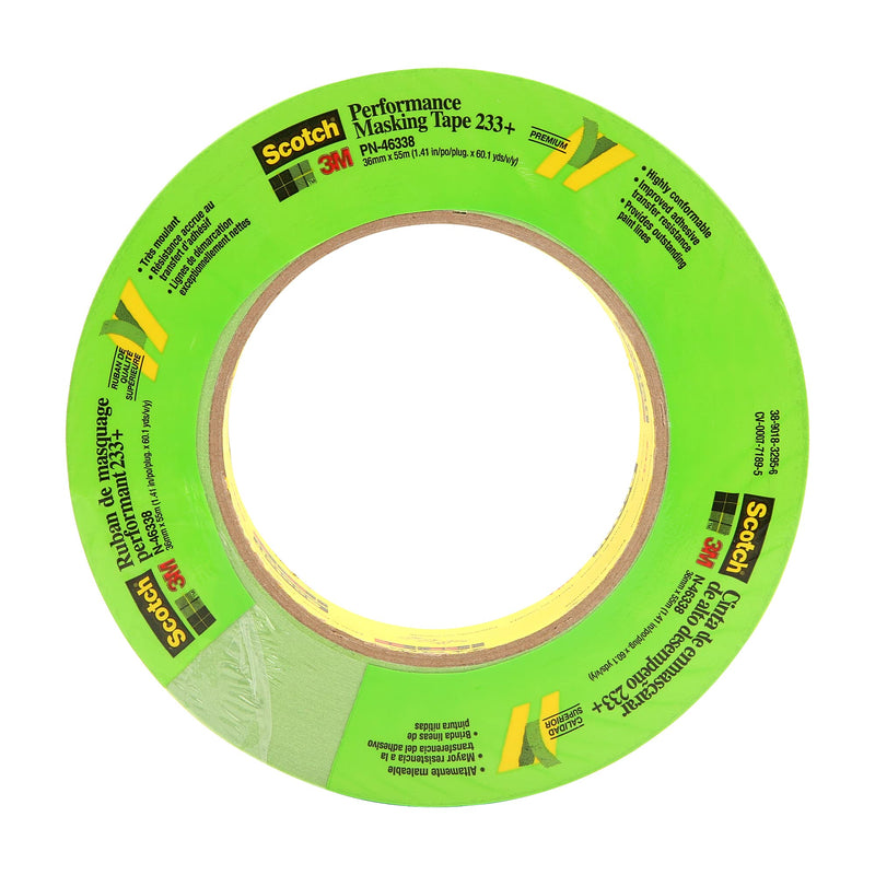 3M Scotch Performance Masking Tape 233+, 46338, 36 mm x 55 mm, 1 Roll, Flexible, Moisture Resistant, Green, Solvent Based, Automotive Masking Tape 36 mm x 55 m (Pack of 1) Scotch 233+ Performance Masking Tape retail packaging