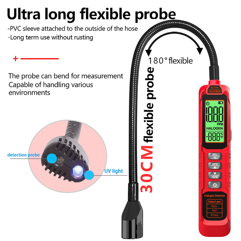[Australia - AusPower] - Professional Halogen Gas Detector with 180° Flexible Probe, Digital Refrigerant Leak Detector for R22, R32, R134a, LCD Display, Ultraviolet Detection, 30CM Probe Length RED1 