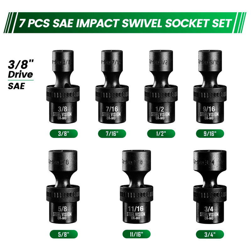 7PCS 3/8" Drive Impact Swivel Socket Set, 3/8-3/4 in Universal Swivel Sockets ，6-Point, SAE,Cr-Mo, Wobble Socket, Universal Joint Socket Set 3/8" SAE