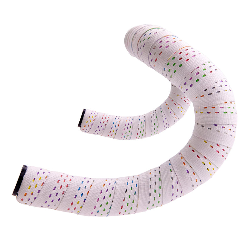 Road Bike Handlebar Tape, Silicone Surface Non-Slip Bicycle Bar Tape, Shock Absorbing Drop Bar Wrap, White Confetti Stitch Pattern, 2 Rolls White Rainbow Set of 2