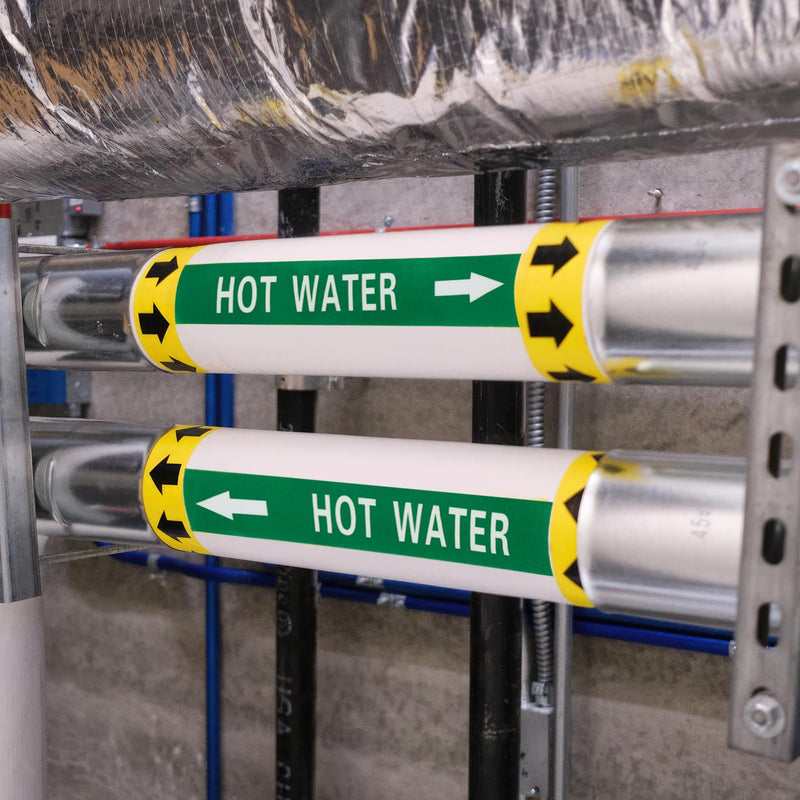 MECCANIXITY Self-Stick HOT Water Pipe Marker Pipe Flow Arrow 1-3/5 x 8 Inch Pipe Identification Marking Labels Left-Pointing for Pipe Flow Markers White on Green, Pack of 30 White/Green