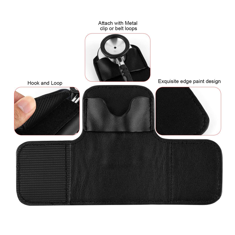[Australia - AusPower] - Beautyflier PU Leather Stethoscope Holder with Clip for All Models: Littmann, ADC, MDF, Adscope, Stethoscope Holder Carrier Perfect for Physicians, Nurses, EMT (Black) Black 