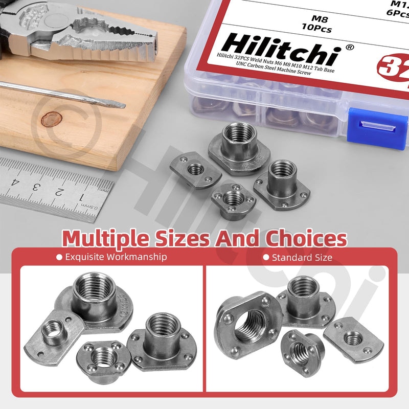 [Australia - AusPower] - Hilitchi 32Pcs T-Shaped Weld Nuts, M6 M8 M10 M12 Tab Base UNC Carbon Steel Weld Nuts Machine Screw 2 Projection 4 Projection Base Weld Nuts for Furniture Vehicles Caster and Industry Machine 