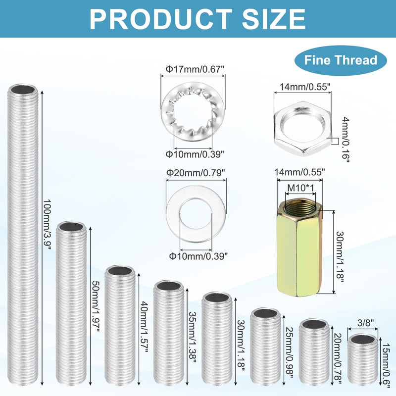 [Australia - AusPower] - MECCANIXITY 114 Pcs 8 Size Lamp Pipe Nipples Kit with Hex Nuts Washers, M10 Fine Threaded Hollow Tube Repair Hardware Fasteners Assortment for Assembly Chandelier Ceiling Lamp DIY, Silver 