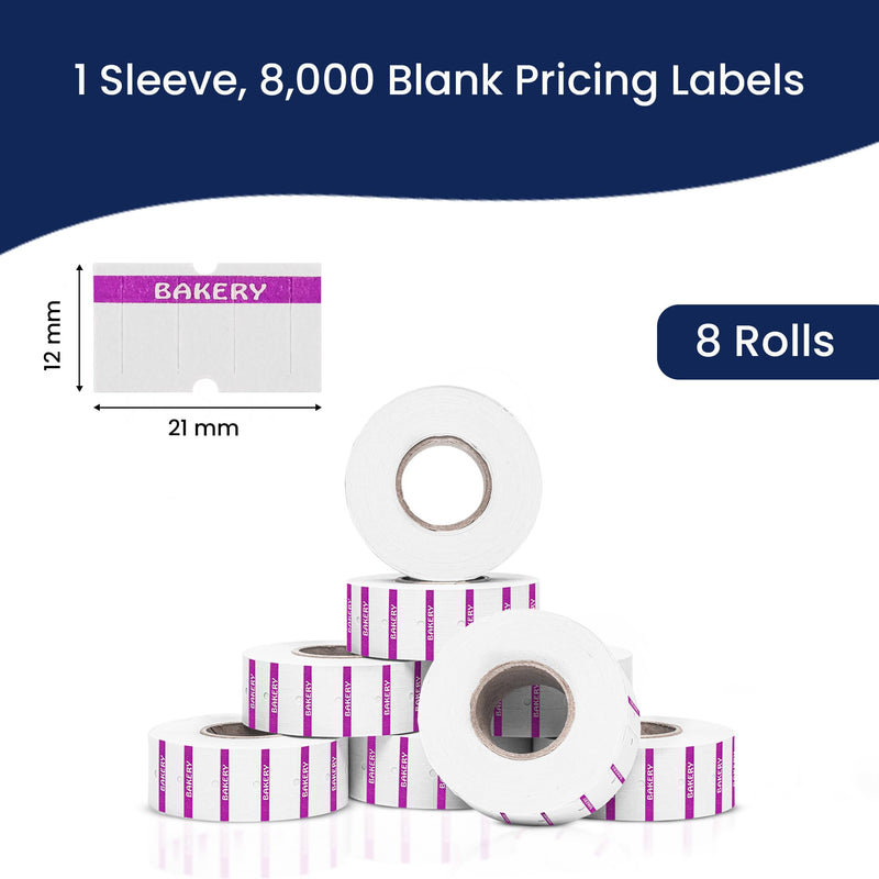 Perco 1 Line Purple Reverse Print on White Bakery Labels — 8,000 Labels for Perco Lite, X, Plus & Pro Guns—with Tamper-Proof Design for Marking Breads, Pastries, Cakes — 8 Rolls, 1 Sleeve—Made in USA