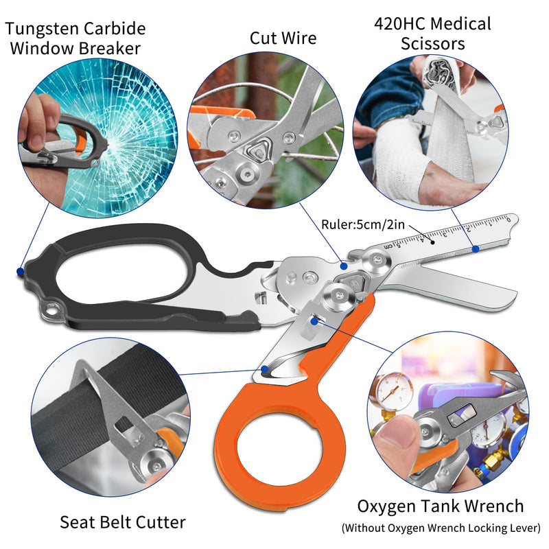 LEEPENK 6 In 1 Multi-function Foldable Emergency Response Shears With Strap Cutter and Glass Breaker, Outdoor Camping Emergency Scissors Tools With Holster ，Black-Orange Trauma Shears Black-orange