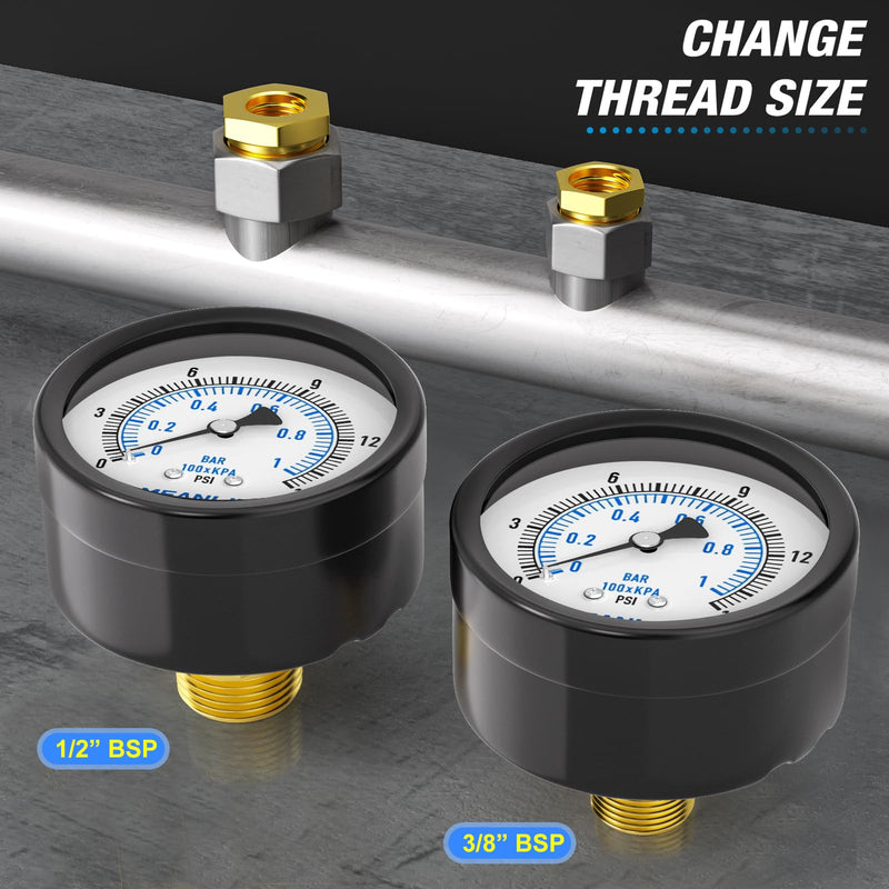 [Australia - AusPower] - MEANLIN MEASURE 0~1BAR/15PSI 2 inch DIAL FACE 1/4 inch BSP well pump pressure gauge, with 1/4 inch x 1/2 inch BSP and 1/4 inch x 3/8 inch BSP hex socket, pool sand filter water oil air pressure test 0~1BAR/0~15PSI Rear mounted 