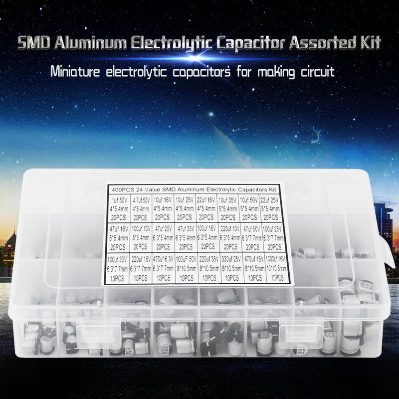 [Australia - AusPower] - 400PCS Electrolytic Capacitors Kit, 24 Values SMD Capacitor Kit, with Storage Box, 1uF - 1000uF, for Computer, Notebook, Radio, DIY 