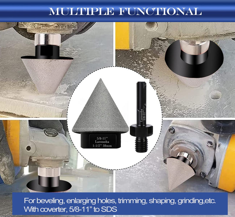 38mm 1-1/2" Dry Diamond Beveling Chamfer Bit, Countersink Drill Bit for Enlarging Trimming in Porcelain, Ceramic Tiles Hole 5/8"-11 Thread for Angle Grinders & SDS Adapter for Drills (BLACK). 38mm 1-1/2" Black