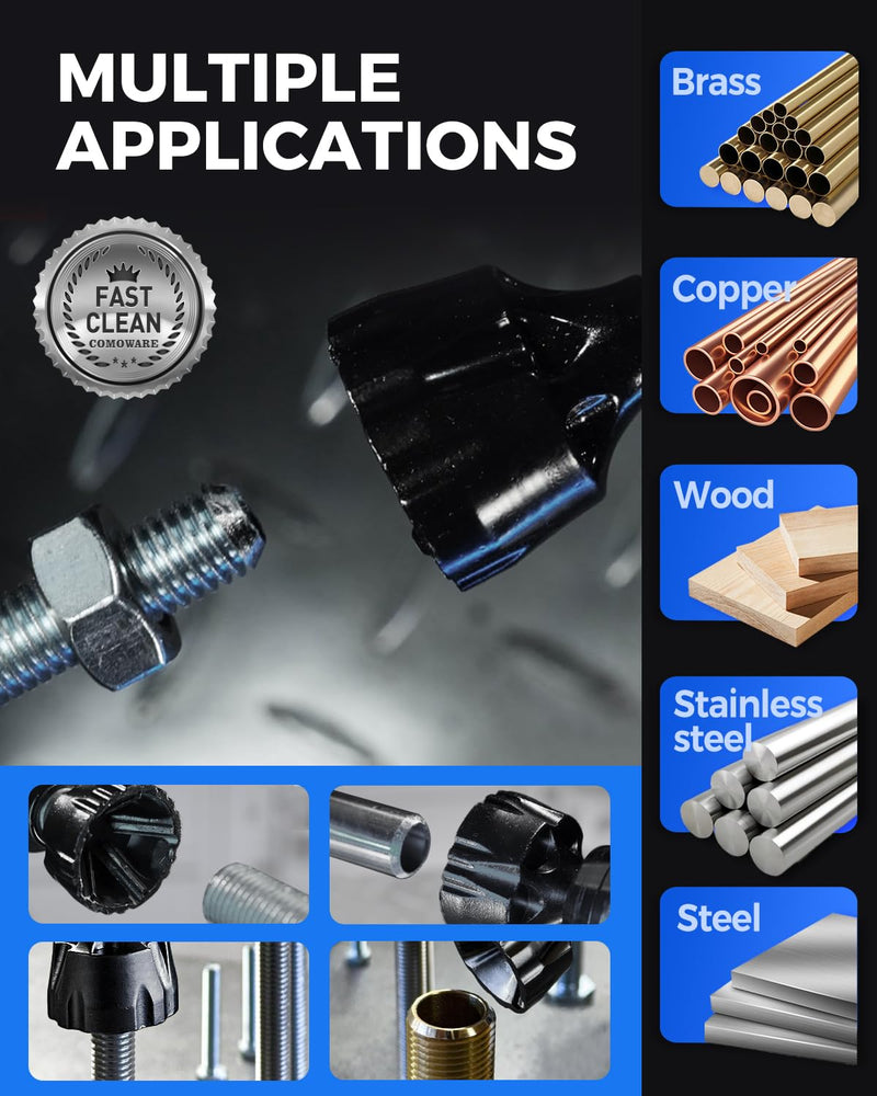 COMOWARE Threaded Rod Deburring Tool, External Chamfer Tool for Metal, Tungsten Carbide Chamfer Bit, Deburring Drill Bit, Remove Burr Tools Quick Release Shank Fits for 1/8"- 1-3/8"(3mm-35mm) 3PCS 1/8"- 1-3/8"