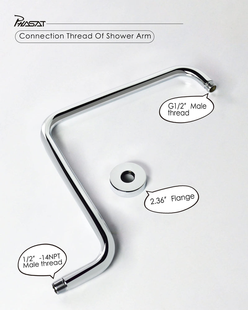 PHASAT S Shaped Shower Arm with Flange,High Rise Shower Head Extension Arm Chrome,PU9D02 Round-Standard