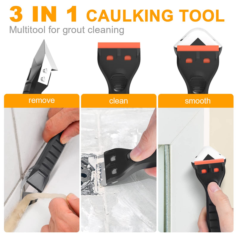 Silicone Caulking Tool Kit 3-in-1: Grout Sealant Remover Finishing Scraper Tools - Easy Caulk Removal Sealing Smoothing Bathtub Toilet Bathroom Shower Corner Tiles Joint Floor Sink 3 in 1 caulk tool - black