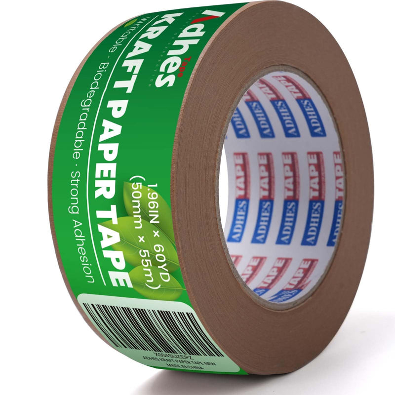 ADHES Kraft Paper Tape, 2 Inch x 60 Yards, Biodegradable Paper Packing Tape Writable & Uncoated Brown Shipping Tape for Shipping, Moving, Sealing 2inch x 60yards 1