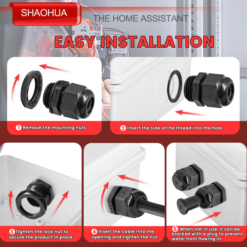 Cable Gland Kits, 40PCS Cord Grip 1/4" 3/8" 1/2" 3/4" 1" NPT Waterproof Cable Pass Through Grip w/19PCS Top Hat Rubber Grommets for Cable Glands, Strain Relief IP68 Waterproof Nylon Cord Connector 59PCS Cable Gland Kits(black)