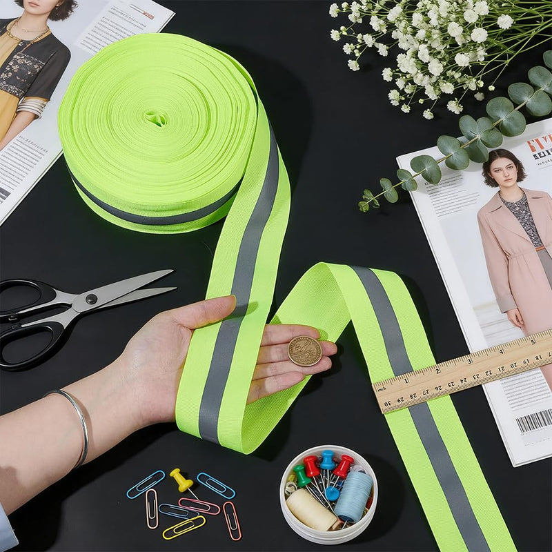 OLYCRAFT 2 Inchx54.7 Yards Reflective Ribbon Green Sew On Reflective Tapes Silver Sew On Warning Strip High Visibility Reflection Tape Strip for Clothing Trim Decor Jacket Backpacks Pet Collars