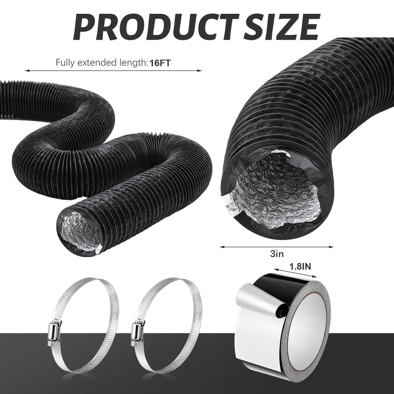 Zonon Dryer Vent Hose 3 Inch x 16 Feet Flexible Aluminum Foil Ducting Non Insulated with Stainless Steel Clamps and Aluminum Tape for Pipe, HVAC Heating Cooling Ventilation and Exhaust(Black) Black