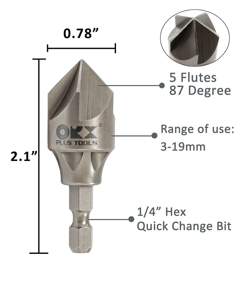 ORXPLUS Tools 5 Flute Metal Deburring Chamfer Drill Bit for Cleaning Pipe/Tube Burr, 87 Degree Quick Release Shank Fits for 1/8"-3/4"(3mm-19mm) (Pack of 2) 1/8"-3/4" - Pack of 2