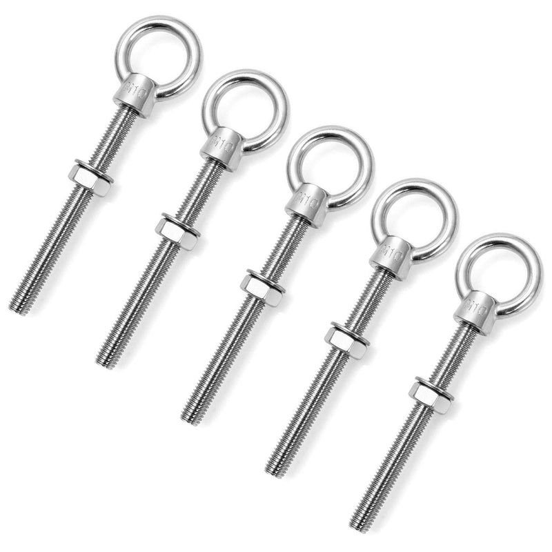 QWORK Stainless Steel Machinery Eye Bolt with Shoulder, 5 Pack 3/8" x 4" Long Stainless Steel Marine Grade Shoulder Eye Bolt, Threaded Eyebolts