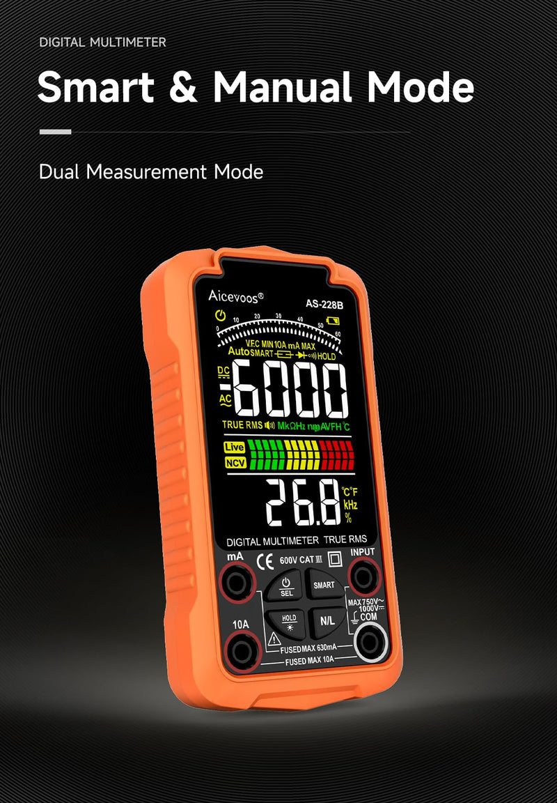 [Australia - AusPower] - AS-228B Smart Digital Multimeter, Auto-Ranging Volt Meter, TRMS 6000 Counts Voltage Tester Measures Voltage, Capacitance, Frequency, NCV, Ohm, Continuity, Diode, Live Wire for DIY 
