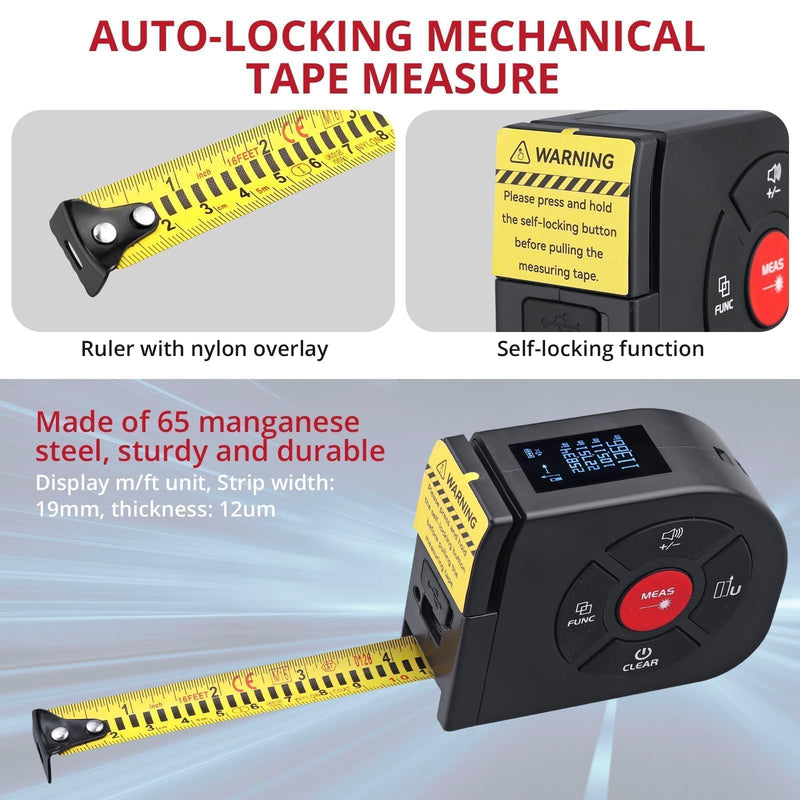 BINTA 2-in-1 Laser Tape Measure, 164Ft/50M Laser Measurement Tool & 16.5Ft/5M Digital Tape Measure, USB-C Rechargeable Distance Meter with LCD Display, Ft/Ft+in/in/M Units for Area/Volume/Pythagorean