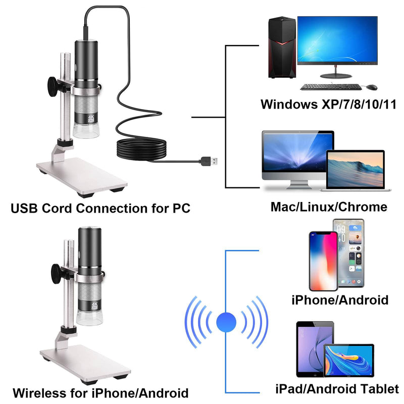 [Australia - AusPower] - Ninyoon 4K WiFi Microscope with Professional Stand for iPhone Android PC, 50-1000X Digital USB Microscope Wireless HD Camera for All Mobile Phones iPad Android Tablet Windows Mac Chrome Linux gray 