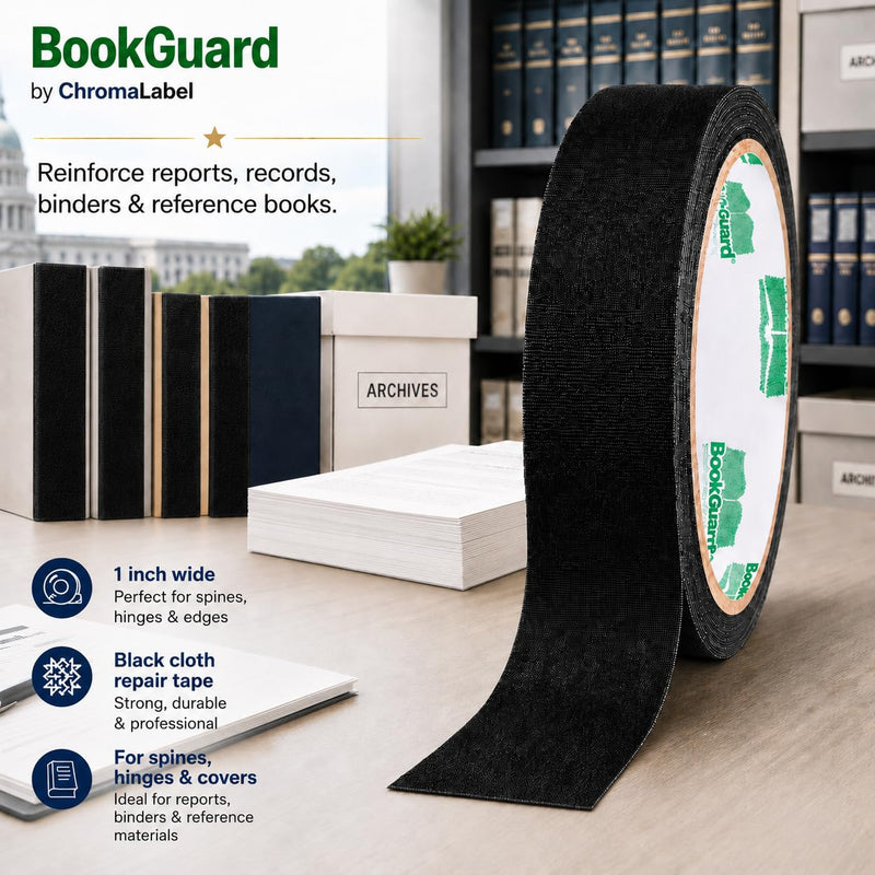 BookGuard 1 Inch Black Book Binding Tape, 15 Yard Book Repair Cloth Tape, Self-Adhesive Bookbinding Tape for Spines, Hinges, Covers, Bibles, Hymnals, Libraries and Schools 1" Wide