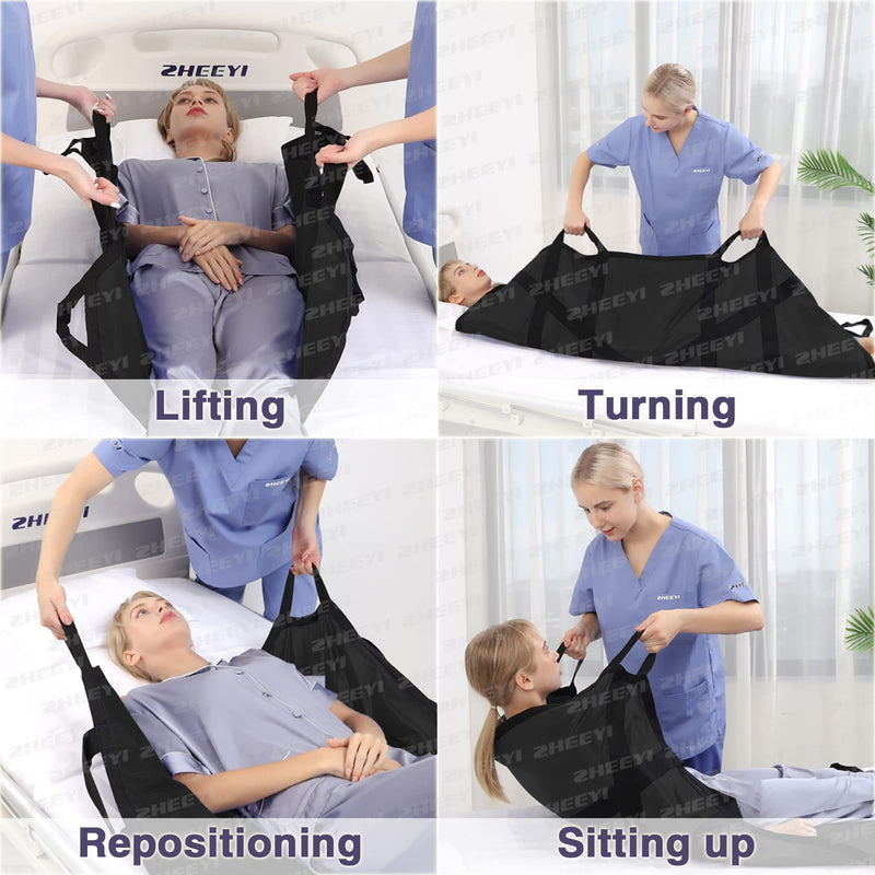 Positioning Bed Pad with Reinforced Handles 48" x 40" Patient Transfer Sheet Aid Assistant for Body Lifting, Turning, Repositioning, for Elderly, Incontinence, Caregiver, Black 48" x 40"