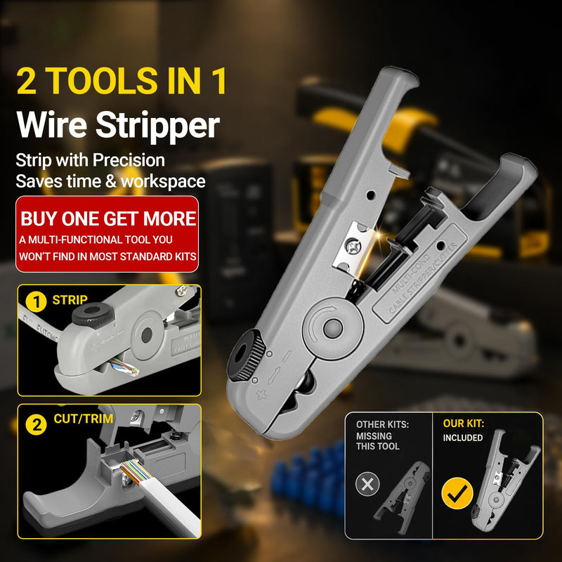 RJ45 Pass-Through Crimping Tool Kit for Cat7, Cat6, Cat5 – Includes Cable Tester, Wire Stripper, Cutter, 50 Cat6 Connectors & Strain Relief Boots – DIY Ethernet Network Tool 8 IN 1 Set