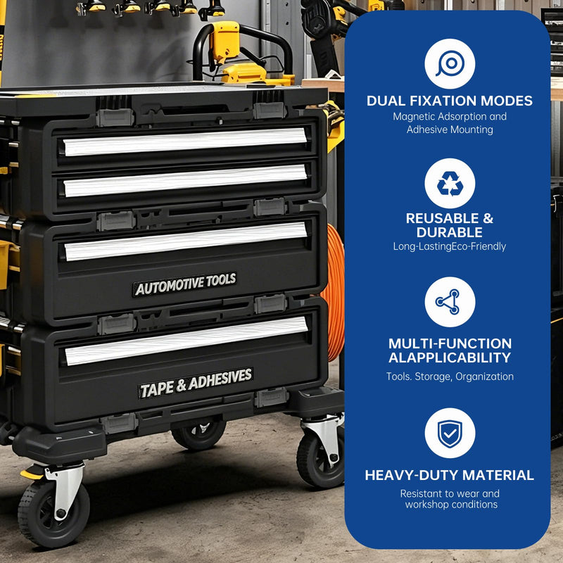 Magnetic Toolbox Labels: 28 Strong Magnets + 80 Premium Adhesive Pads. 3D for Steel/Wooden Toolboxes, Garage Organization (Black)