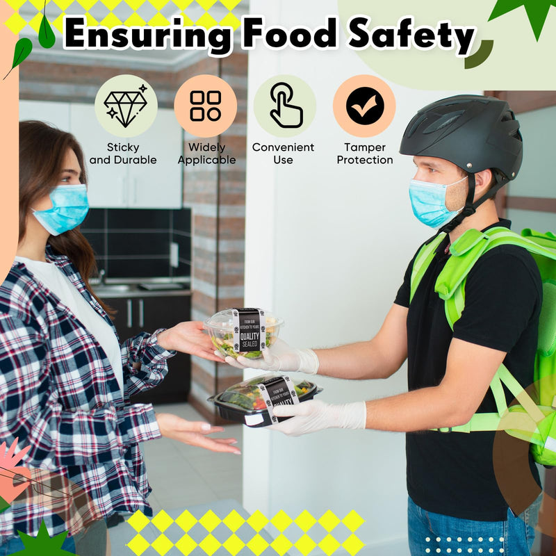 500 Pieces Tamper Evident Stickers 2 x 4 Inch Seal Proof Tape Safe Labels Sealed Tamper Proof Stickers for Drink Food Container Freshness Pizza Boxes Secure Food Delivery Black, White 500