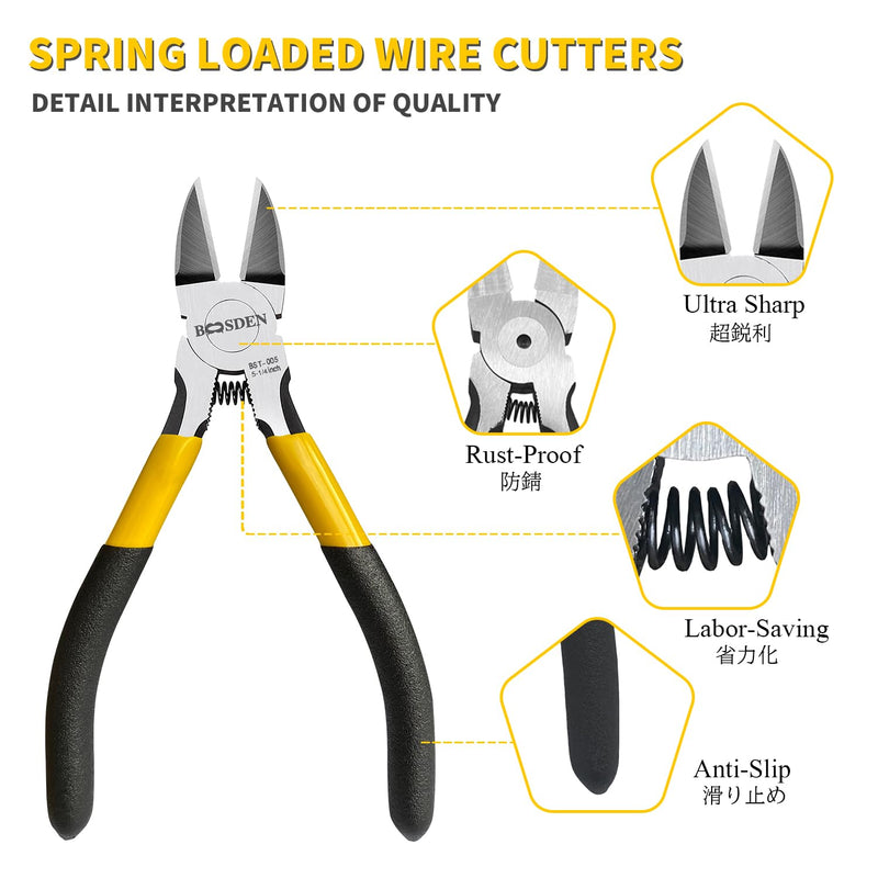 BOOSDEN 5" Wire Cutters, 5 Pack, Precision Cutting Pliers, Ultra Sharp Wire Snips Wire Clippers, Spring Loaded Flush Cutter, Diagonal Cutting Pliers for Jewelry Making Crafting, Wire Cutters Set 5"- 5 Pack