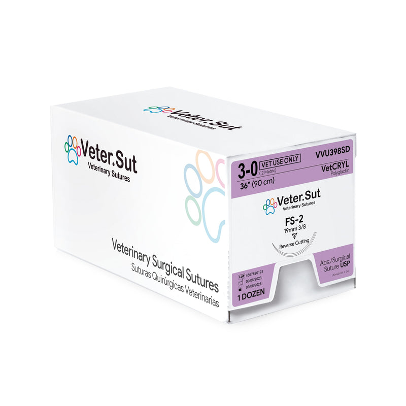 [Australia - AusPower] - VeterSut VetCRYL Absorbable Surgical Suture USP Size 3-0, (FS-2) 3/8 19mm Reverse Cutting Needle, 36 Inches (90 cm), 12 Count, Veterinary Use 