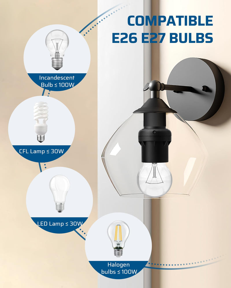 [Australia - AusPower] - DEWENWILS Light Sensor Socket, E26 E27 Dusk to Dawn Sensor Socket, Light Bulb Socket for Light Fixtures, Compatible with Incandescent/CFL/LED/Halogen Bulbs, Black, 2 Pack 