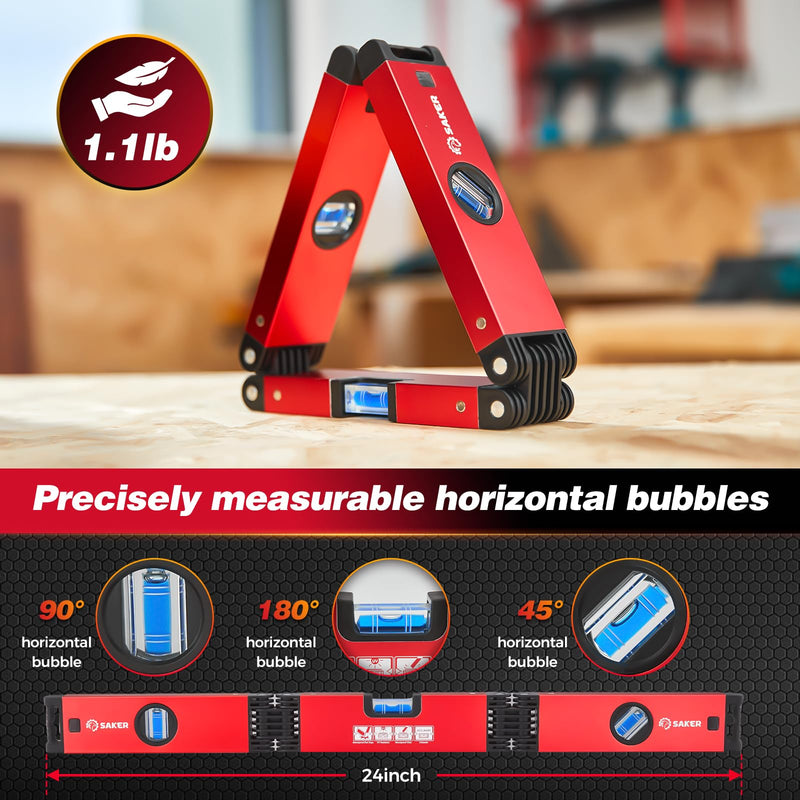 [Australia - AusPower] - Saker Multi-function Foldable Level, 24-Inch Leveler Tool,Gifts for Men,Multi-Angle Measurement Woodworking Tools,Folding Level Tool for Precise Leveling NEW 3 Sections Foldable Level 