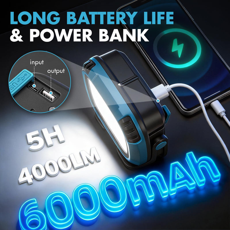 [Australia - AusPower] - 6000mAh Magnetic Work Light Rechargeable, 4000LM 136-LED Magnetic Light with Hook, IP65 Waterproof, 30H Runtime, Portable LED Work Light for Car Repair, Job Site Lighting, Emergency(Blue) 1 Pack Blue 