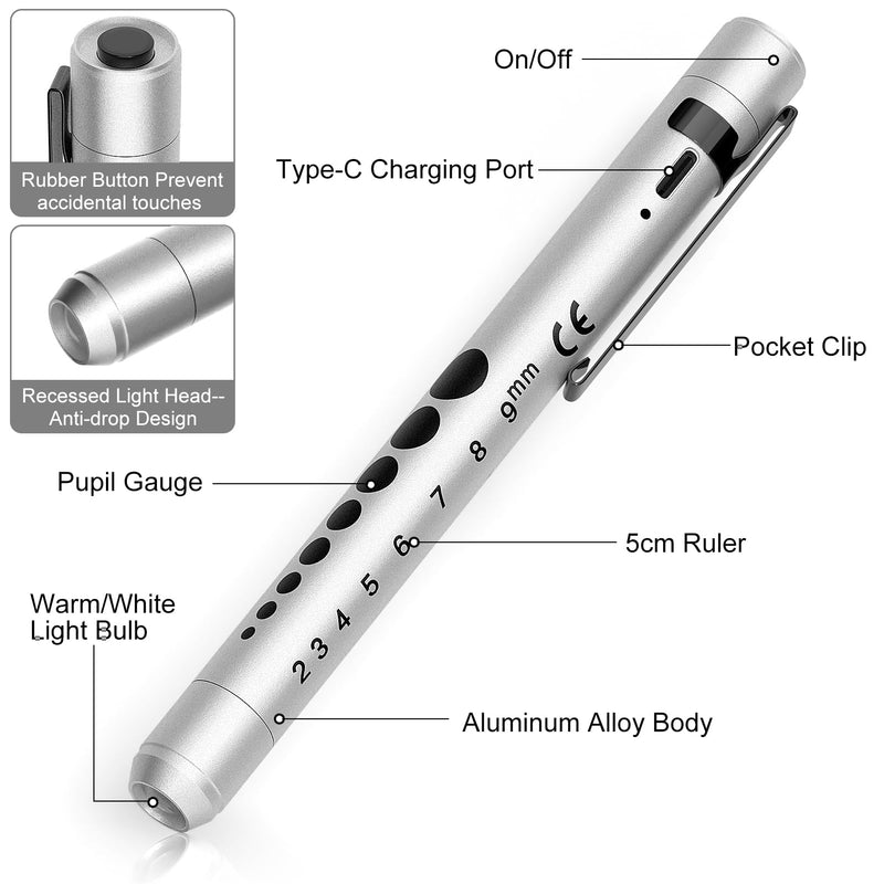 [Australia - AusPower] - RISEMART Rechargeable Pen Light for Nurse, Rechargeable LED Portable Medical PenLight for Nurse, Doctor, First Aid, EMT, Nursing,Nursing Student,Warm/Cool White Silver1 