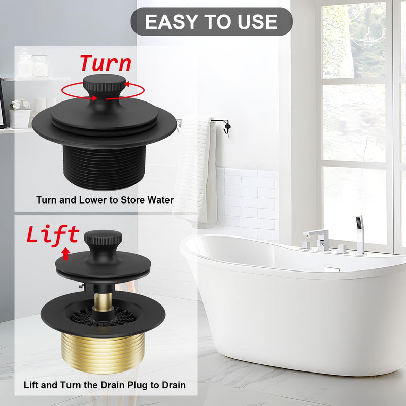 Tub Drain Stopper Bathtub Drain, Hair Catcher and Two-Hole Overflow Faceplate,11.5/16 UNC Bathtub Drain, Premium Brass Lift and Turn Twist Tub Drains Replacement Trim Kit,Tub Stopper, Matte Black