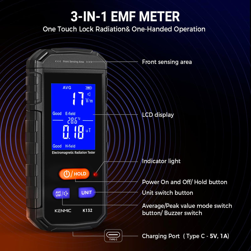 [Australia - AusPower] - EMF Meter - Rechargeable Handheld Electromagnetic Field Detector with Digital LCD - Ideal for Home, Office, Outdoors, and Ghost Hunting Black 