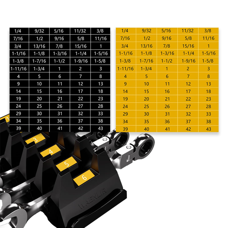 WAENLIR Wrench Organizer Size Label Stickers – 6 Sheets (3 Orange + 3 Black), SAE & Metric Conversion Chart Decal, Replacement Labels for Wrench Rack Holder
