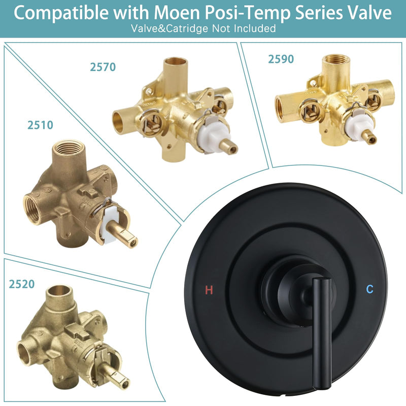 Replacement for Moen Posi-Temp Valve Only Shower Faucet Trim Kit (Valve& Catridge Not Inclued), Volume and Temperature Control Level Handle, Matte Black