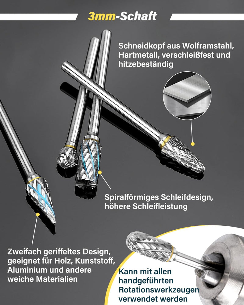 [Australia - AusPower] - Lytool Carbide Burr Set, 12 Pieces Double Cut Rotary Cutter with 3 mm Shank, Dremel Accessories for Wood Carving, Metal Polishing, Engraving, Grinding and Drilling 