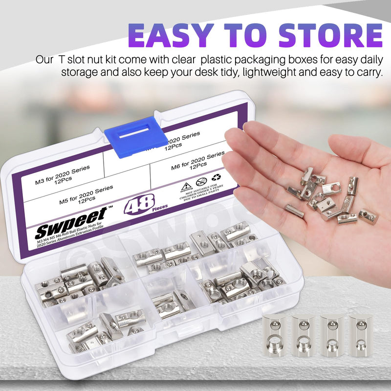 [Australia - AusPower] - Swpeet 48Pcs 2020 Series Carbon Steel Nickel Plated Roll-in Spring T Nut M3 M4 M5 M6 Assortment Kit, T Slot Nuts, Roll Ball Elastic Nuts for 2020 Series Aluminum Extrusion Profile Rail 