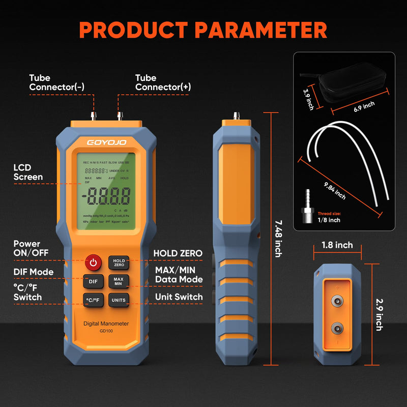 [Australia - AusPower] - Handheld Manometer with Backlit, Dual-Port HVAC Digital Manometer Gas Pressure Tester, LCD Screen & Indoor Temperature Measurement, 12 Units, for Natural Gas Pipelines Ventilation Detection 