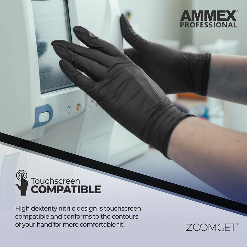 AMMEX Black Nitrile Disposable Exam Gloves, 3 Mil, Latex & Powder Free, Food-Safe, Textured, Non-Sterile, Medium, Box of 100 Medium (Pack of 100)