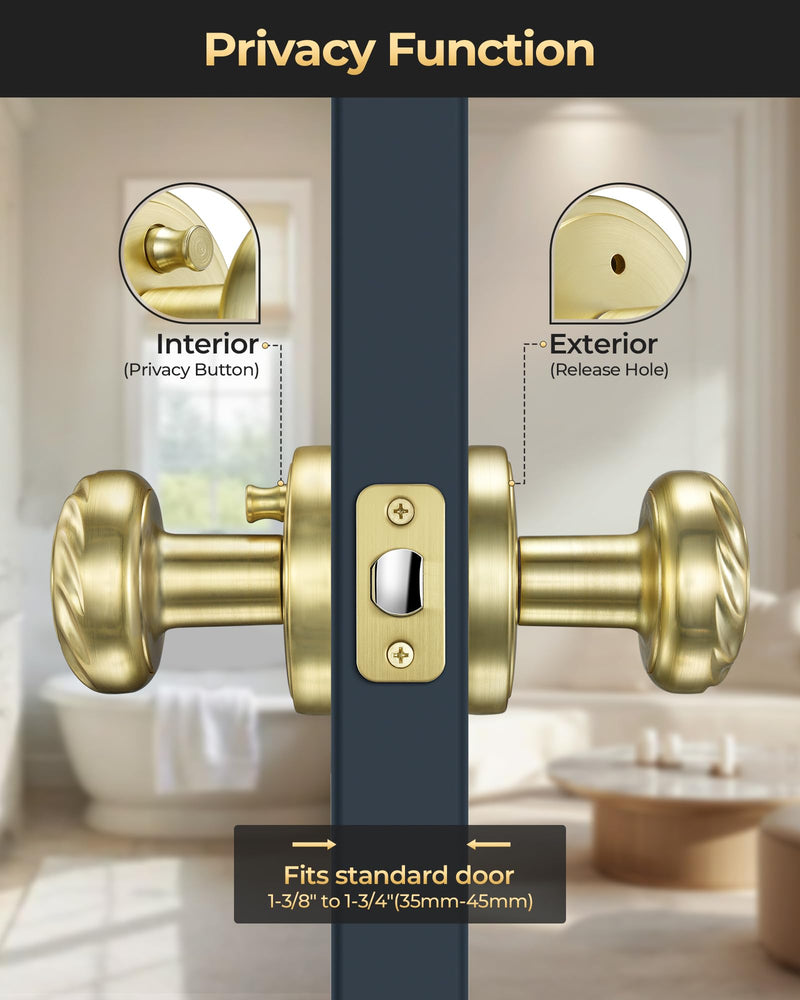 Gold Door Knob Interior, Zinc Alloy Heavy Duty Privacy Door Knobs with Lock for Bedroom and Bathroom, 1 Pack Brushed Gold Interior Door Knobs for Left Right Sided Doors
