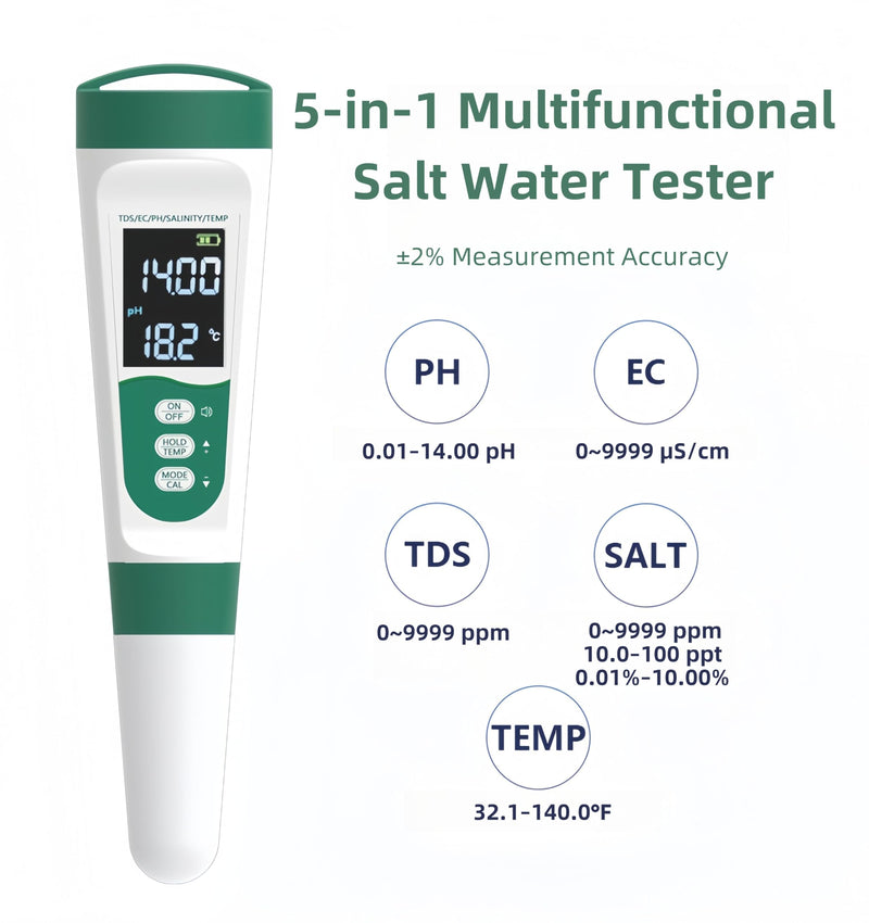 Pool Salt Tester & PH Meter, 5 in 1 Salinity PH Temp EC and TDS Salt Water Tester Kit, Digital Pool Water Tester for Aquarium Saltwater Pool Swimming Pool Hot Tubs Spas, IP65 Water Quality Tester